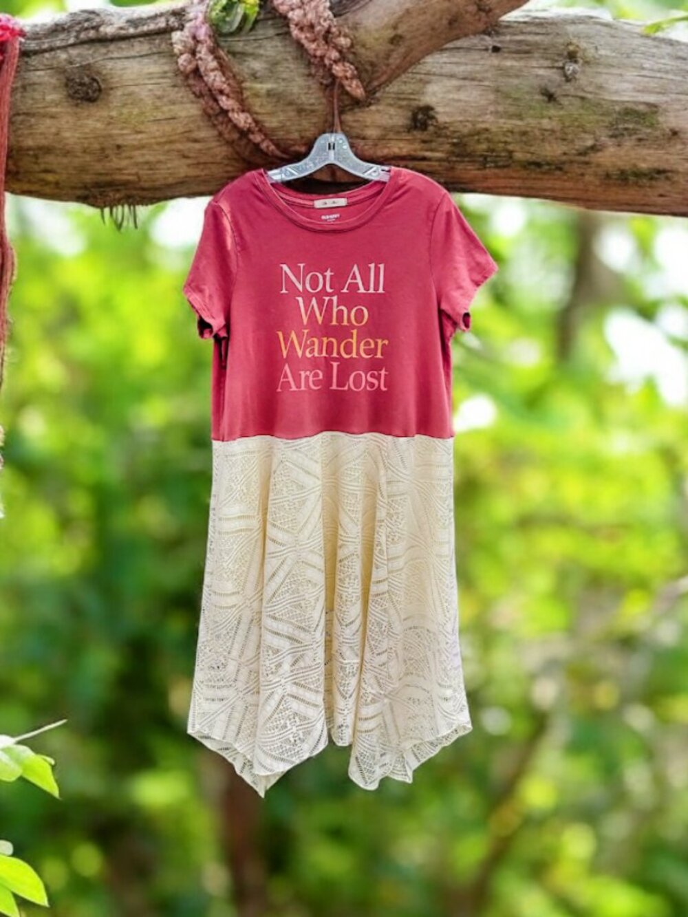 Upcycled Not All Who Wander Are Lost Lace Hippie Boho Dress L